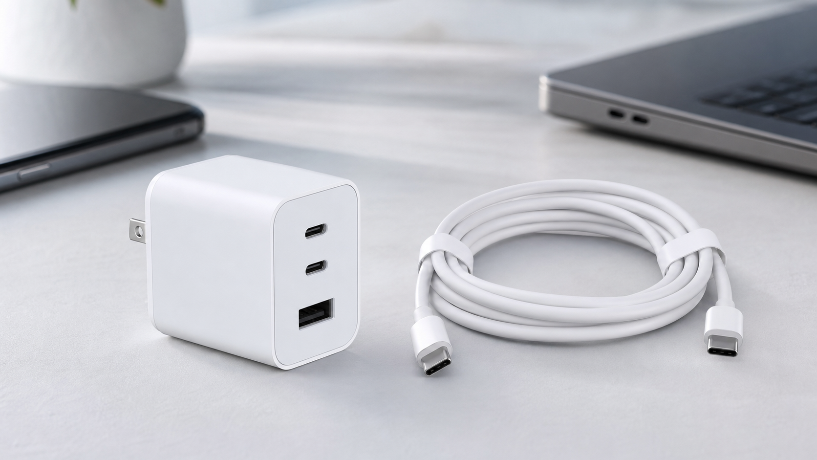 Compact USB-C charger beside a coiled long USB-C cable